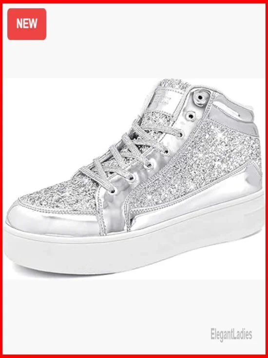 Women's Platform Glitter Sneakers High Top Sparkly Dressy Sequin Metallic - Picture 1 of 7